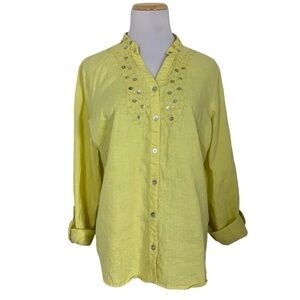 Ecologie 100% Linen Button Up Shirt Yellow Size Large Soutche Shell Button